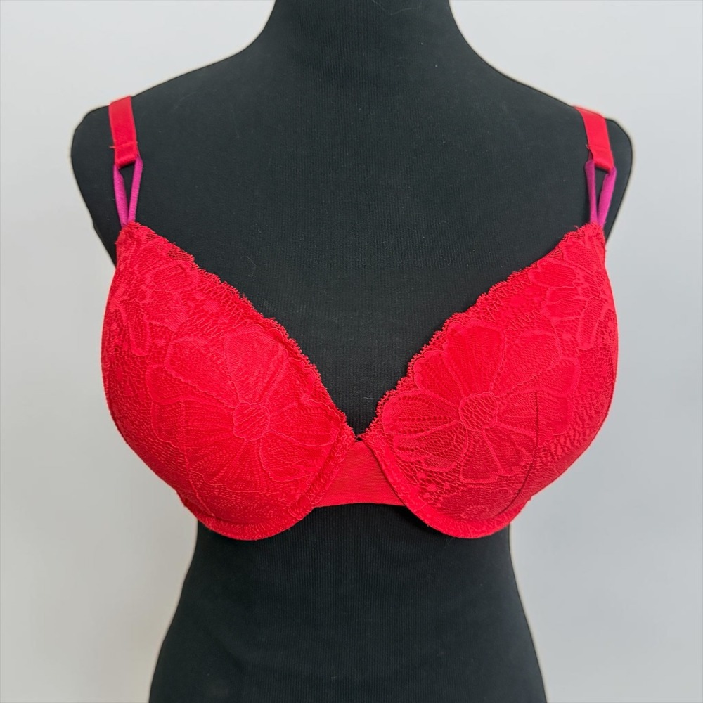 Victoria's Secret Red Floral Lace Sheer Mesh Lined Demi Bra 38D